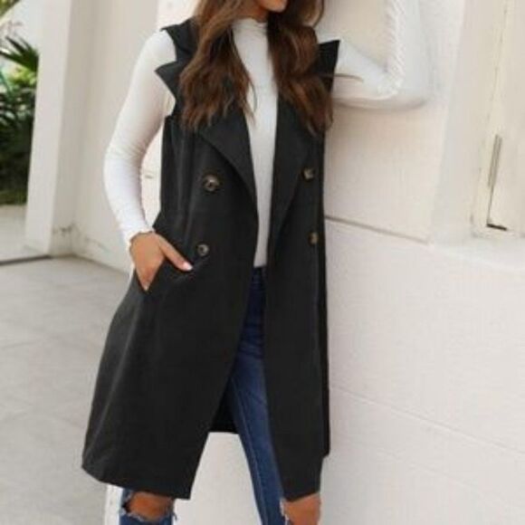 Classic Coffee  Long Vest Coat Pocket Jacket - Picture 8 of 12